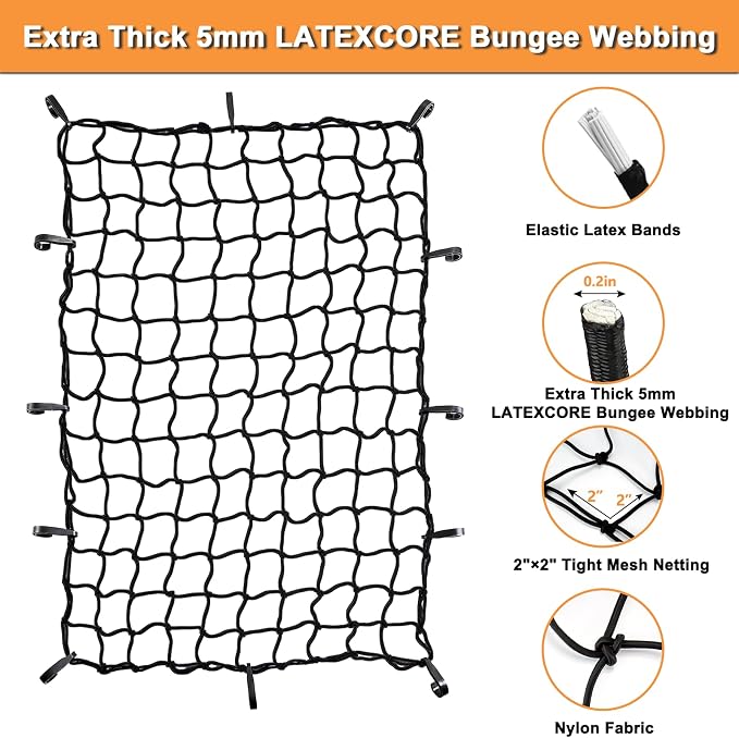 2’x3’ Bungee Cargo Net Stretches to 4'x6' for Truck Bed,Pickup Bed,Trailer,Motorcycle and Bike with 6 Adjustable Hooks Heavy Duty 5mm 2”x2” Mesh Holds Small and Large Loads by Cenipar