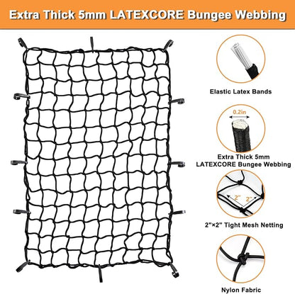 2’x3’ Bungee Cargo Net Stretches to 4'x6' for Truck Bed,Pickup Bed,Trailer,Motorcycle and Bike with 6 Adjustable Hooks Heavy Duty 5mm 2”x2” Mesh Holds Small and Large Loads by Cenipar