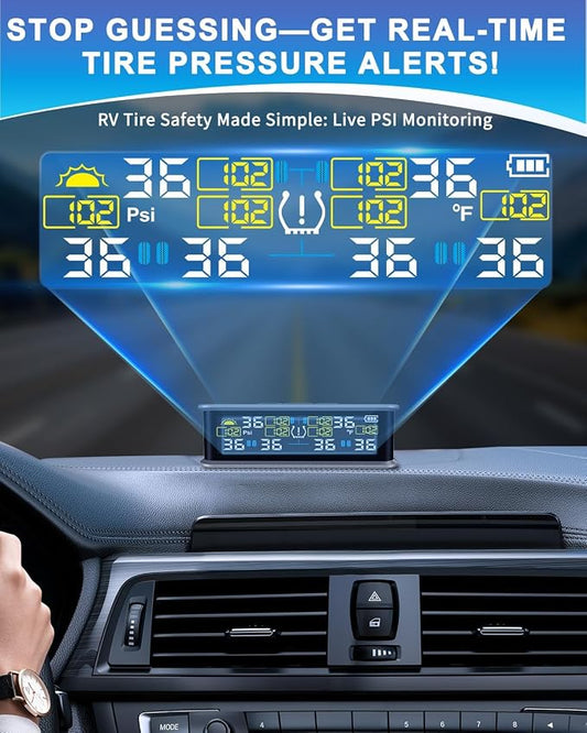 RV Tire Pressure Monitoring System, TPMS with 6 Sensors & 6 Alarm Modes, 0-144 PSI ±1.5PSI, Solar/USB Charging for Dually Trucks & Heavy-Duty Trailers