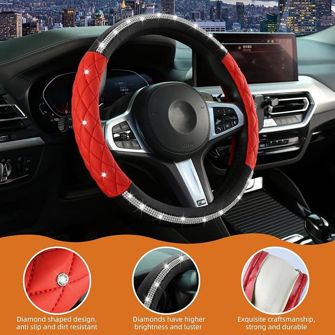 Diamond Steering Wheel Cover ，with Bling Crystal Rhinestone,Delicate and Anti-Slip Sparkly Sedan Steering Wheel Cover ，Adaptable to 14.5-15 inches Car Wheel Protector for Women Girl ，Black & Red
