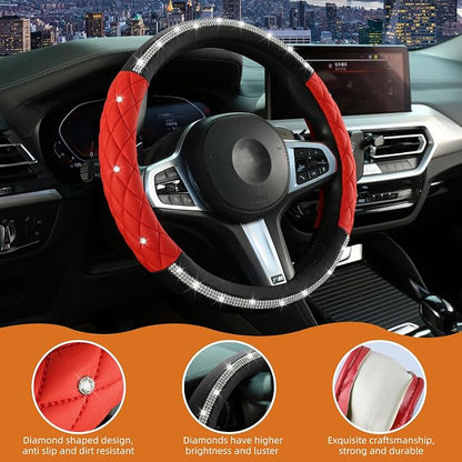 Diamond Steering Wheel Cover ，with Bling Crystal Rhinestone,Delicate and Anti-Slip Sparkly Sedan Steering Wheel Cover ，Adaptable to 14.5-15 inches Car Wheel Protector for Women Girl ，Black & Red