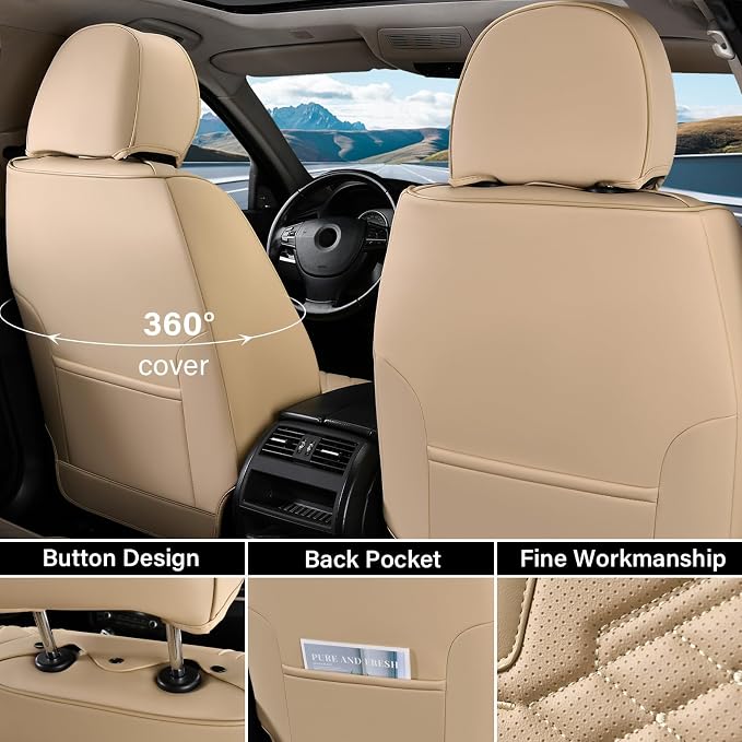Coverado Car Seat Covers Full Set, Waterproof Nappa Leather Seat Covers for Cars, Universal 5 Seats Car Seat Covers, Front and Back Car Seat Protector, Auto Seat Covers Fit for Most Cars, Beige