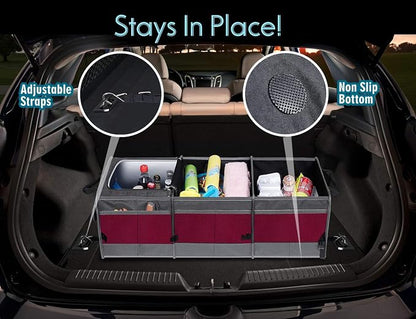 Trunk Organizer with Cooler, Collapsible Trunk Storage Container with Non Slip Bottom Strips, Large Multi-Compartment Waterproof Car Trunk Organizer Groceries for Vehicle Sedan, SUV, Van(Wine Red)