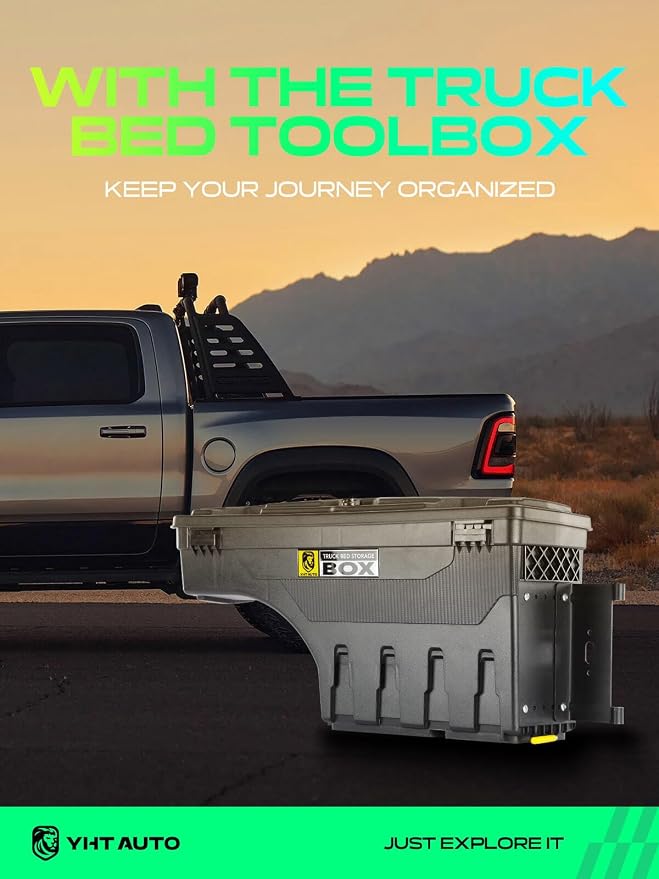YHTAUTO Truck Bed Storage Tool Box Lockable Compatible with 2019-2025 Ram 1500 Pickup, Passenger Side, Will Not Work with RamBox & Classic Model, Swing Waterproof Wheel Well Toolbox