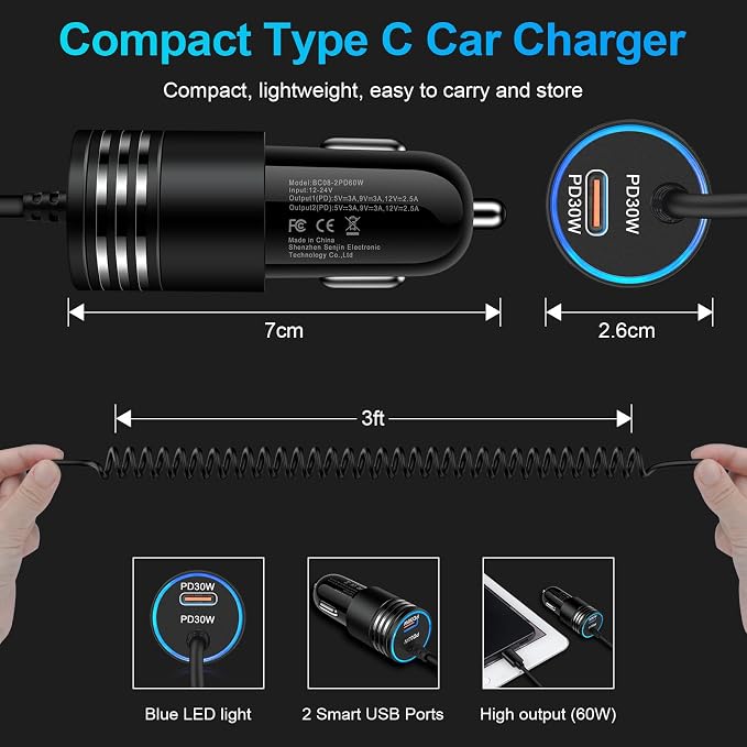 for iPhone 17e 17 Car Charger, 60W USB C Fast Car Adapter with 3FT Built-in Coiled USB C Fast Charging Cable for iPhone 17e 17 Pro Max 17 Pro Air 16e 16 Pro Max 16 Plus 15,Samsung Galaxy S26 A17 A56