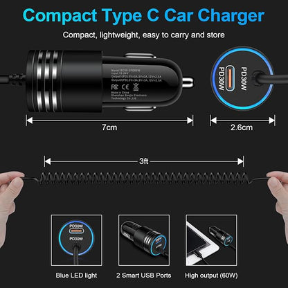 for iPhone 17e 17 Car Charger, 60W USB C Fast Car Adapter with 3FT Built-in Coiled USB C Fast Charging Cable for iPhone 17e 17 Pro Max 17 Pro Air 16e 16 Pro Max 16 Plus 15,Samsung Galaxy S26 A17 A56