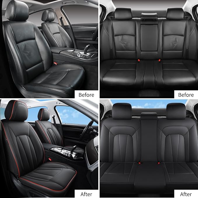 Car Seat Covers Full Set,Waterproof and Breathable Luxury Leather Seat Covers,Non-Slip Driver Seat Cushion,Automotive Seat Protector Fit Toyota Rav4 Camry Corolla Cruze Rogue CRV Accord, Red Black