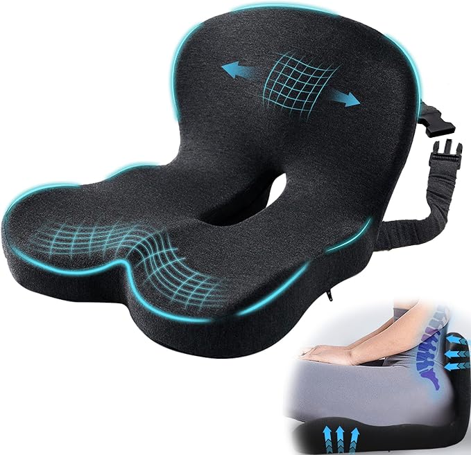 Car Seat Cushion, Memory Foam Driving Cushion with Adjustable Strap, Ergonomic Pad for Car & Semi Truck, Office Chair Cushion for Sciatica & Lower Back Pain Relief, Dark Gray