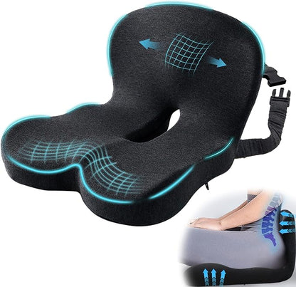 Car Seat Cushion, Memory Foam Driving Cushion with Adjustable Strap, Ergonomic Pad for Car & Semi Truck, Office Chair Cushion for Sciatica & Lower Back Pain Relief, Dark Gray