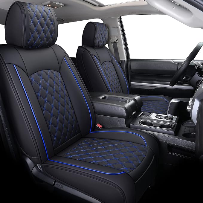 YIERTAI Truck Seat Covers Compatible with Toyota Tundra for 2008-2025 2026 Tundra Crewmax SR5 Limited Double Cab Crew Extended Cab Waterproof Leather Seats Protectors(2 PCS Front only/Black-Blue)