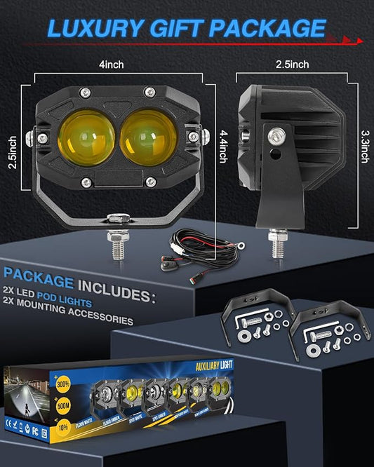 BraveWAY 4 Inch 80W Amber Fog Lights, Yellow LED Pods 9600LM Super Bright with Harness Yellow Spot Beam Waterproof Off Road Ditch Lights for Truck Pickup Ram Motorcycle SUV ATV UTV Pack of 2