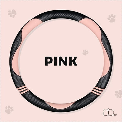 HighnessHwoo Car Steering Wheel Covers for Women Padded Carbon Fiber PU Leather Cute Auto Interior Accessories for Vehicle, Sedan, Universal, Anti Slip, Pink, Standard Size, 14.75-15.15in