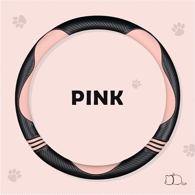 HighnessHwoo Car Steering Wheel Covers for Women Girl Padded Carbon Fiber PU Leather Cute Cartoon Auto Interior Accessories for Jeep, Truck, Universal, Anti Slip, Pink, Large Size, 15.2-16in