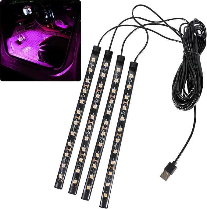 Car LED Strip Light, 12V 48 LED Interior Atmosphere Lights Under Dash Ambient Night Light, Universal Auto Interior Decorative Lamp with USB Port, Truck SUV Car Accessories (Pink Purple, USB)