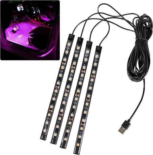 Car LED Strip Light, 12V 48 LED Interior Atmosphere Lights Under Dash Ambient Night Light, Universal Auto Interior Decorative Lamp with USB Port, Truck SUV Car Accessories (Pink Purple, USB)