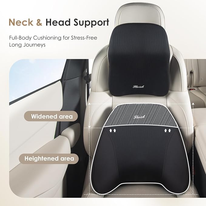 FLORICH Upgrade Lumbar Support and Car Neck Pillow, Back Support and Headrest Pillow for Car Seat Driver, Memory Foam Back Neck Support Pillow and Car Seat Lumbar Support for Car Office Chair - Black
