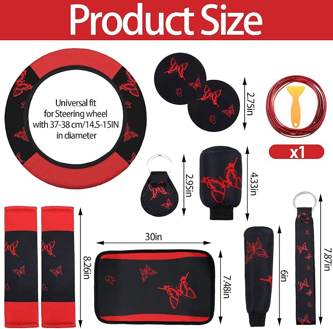 BBTO 43 Pcs Butterfly Car Seat Full Set Butterfly Car Accessories for Women 5 Front Rear Seat Covers Wrist Strap 2 Pcs Cup Mat Armrest Pad 2 Belt Xmas Cover Accessories for SUV(Red, Black)