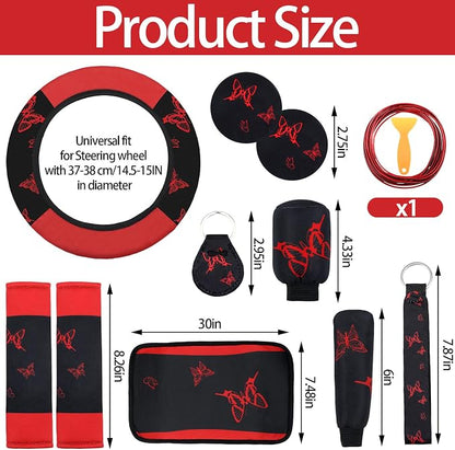 BBTO 43 Pcs Butterfly Car Seat Full Set Butterfly Car Accessories for Women 5 Front Rear Seat Covers Wrist Strap 2 Pcs Cup Mat Armrest Pad 2 Belt Xmas Cover Accessories for SUV(Red, Black)