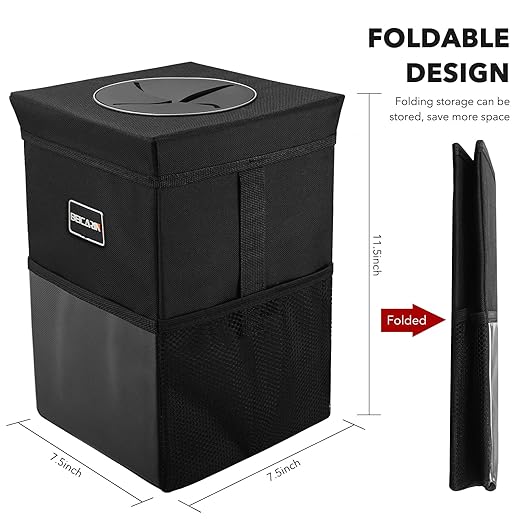 Car Trash Can with Lid - Trash Bag Hanging with Storage Pockets Leak-Proof SUV Organizer Collapsible and Portable Waterproof Truck Garbage Bin, 2.6 Gal Large Capacity Multipurpose Trash Bin for Van