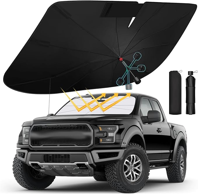 [2025 Latest] SEPORUD Car Windshield Sunshade Umbrella - Double-Layer Design, 5 Layers UV Block Coating. Blocks up to 99% UV, Reduces Heat. Durable Structure, Glass Fiber Material（61 "x33