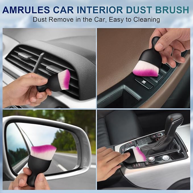 Amrules 2 PCS Car Interior Detailing Brush, Auto Car Dusting Brushes, Soft Bristles Duster Removal Cleaning Tool for Dashboard Interior, Exterior, Skylight, Leather, Dust Brush, White & Purple