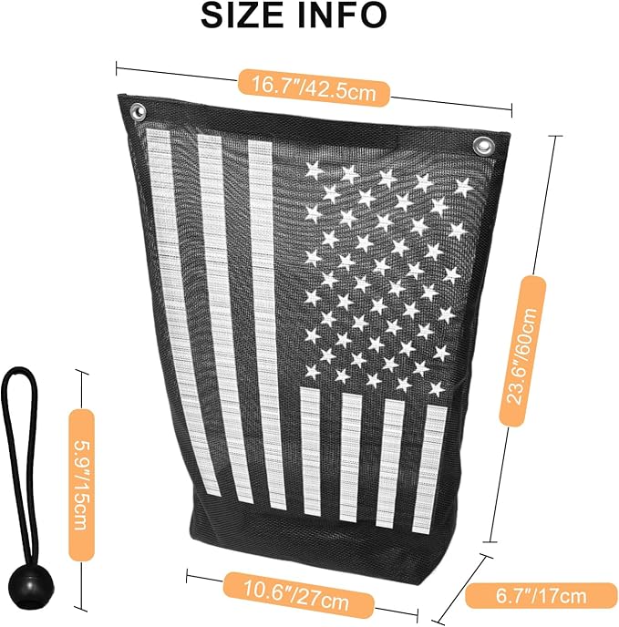 UTV Trash Bag 17" x 23", Heavy Duty PVC Mesh Storage Sack with Bungee Cord, Universal Fit for Polaris RZR Can-Am Maverick Kawasaki Teryx Honda Pioneer Yamaha YXZ, American Flag Design
