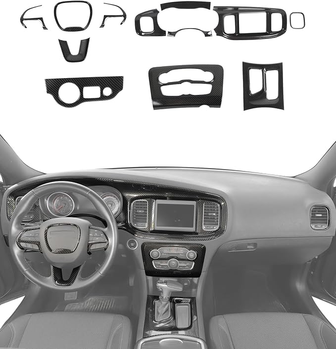 for Dodge Charger 2015+ Central Control Interior Cover Trim Kit, 12pcs Carbon Fiber Central Control Dash & Gear Shift Panel Decor Cover Trim Set Interior Accessories