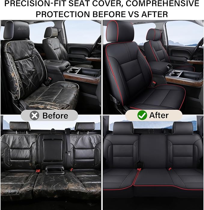 Coverado Chevy Silverado Seat Covers Full Set, Faux Leather Car Seat Covers Fit for 2014-2018 1500, 2015-2019 2500HD 3500HD Chevy Silverado GMC Sierra Crew Double Extended Cab (Red)