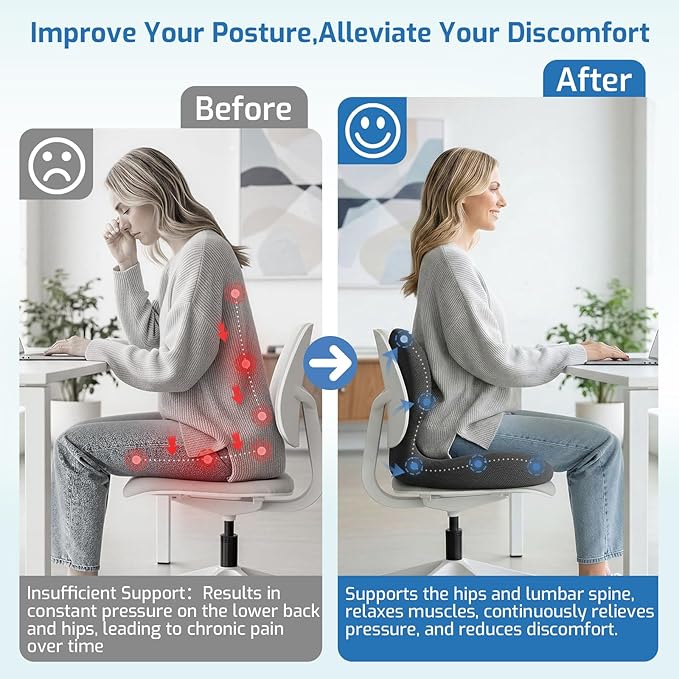 Seat Cushion,Office Chair Cushion with Lumbar Support,Memory Foam Car Orthopedic Cushion,Ergonomic Designed for Long Sitting,Tailbone & Back Pain Relief,Sciatica Pillow for Office,Car,Home Chair