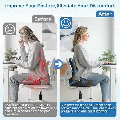 Seat Cushion,Office Chair Cushion with Lumbar Support,Memory Foam Car Orthopedic Cushion,Ergonomic Designed for Long Sitting,Tailbone & Back Pain Relief,Sciatica Pillow for Office,Car,Home Chair