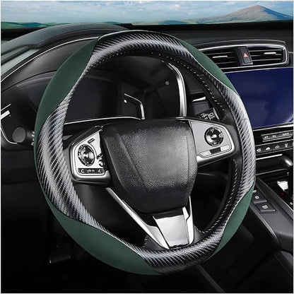 Steering Wheel Cover for Women and Men, Carbon Fiber Plush Steering Wheel Cover Soft Anti-Slip Comforting, Universal 15 Inches Steering Wheels Accessories (Carbon Fiber Black/Green)