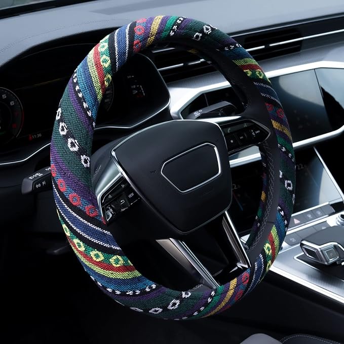 Boho Steering Wheel Cover Elastic Microfiber for Women, Universal Fit 15 inch Car SUV, Hippie Style Protector Cover, Anti-Slip, Breathable, Absorbing Sweat - 02