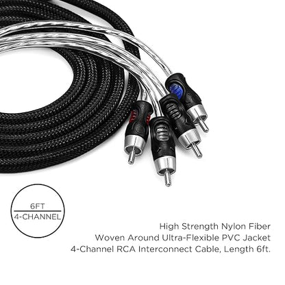 RECOIL PCI46 Premium 100% Oxygen Free Copper 6ft 4 Channel RCA Audio Interconnects Cable 4X RCA Male to 4X RCA Male Double Shielded with Noise Reduction