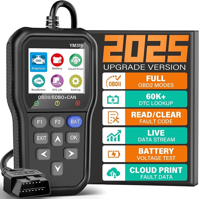 BluSon YM319 OBD2 Scanner Diagnostic Tool with Battery Tester, Check Engine Fault Code Reader with Live Data, Cloud Printing, DTC Lookup, Freeze Frame, Scan Tool for All OBDII Protocol Cars Since 1996