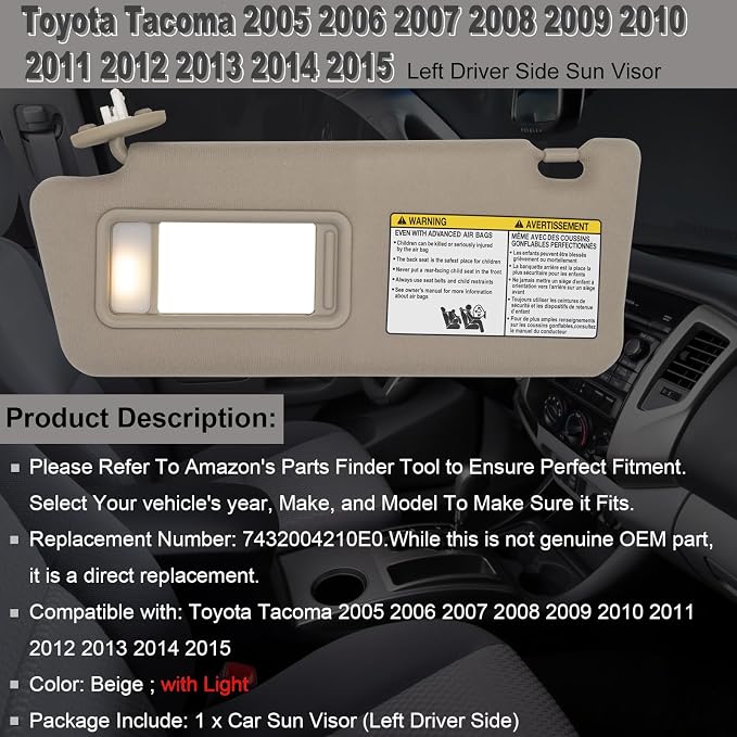 NHILES Driver Left Side Sun Visor Replacement Fits for Toyota Tacoma 2005-2015 Sunshade with Light 7432004210E0 Color Beige