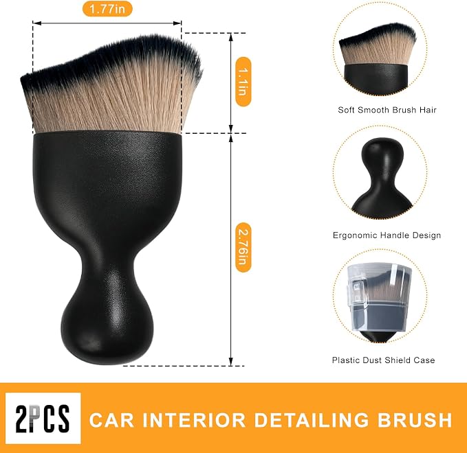 2 PCS Car Interior Detailing Brush, Curved Car Interior Cleaning Brush with Ultra Soft Bristles & Dust Cover, Scratch-Free Auto Dusting Brushes for Dashboard AC Vent Leather (Brown & Black)