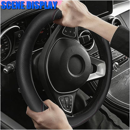 Craedli Nappa Leather Car Steering Wheel Cover, Breathable Non-Slip Automotive Steering Wheel Protector Universal Fit 14.5-15 Inch, Car Interior Decoration Accessories for Trucks, SUVs (Dual-Line)