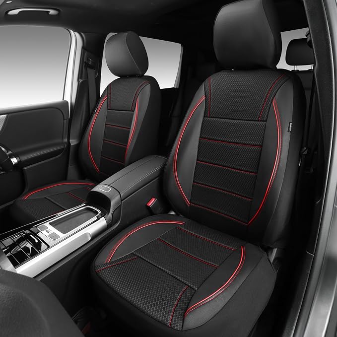 CAR PASS Air Mesh Leather Car Seat Covers Front Seats, Breathable Two Front Seat Covers for Cars, Comfortable Universal Fit for SUV Truck Sedan Automotive, Anti-Slip Airbag Compatible,Black and Red