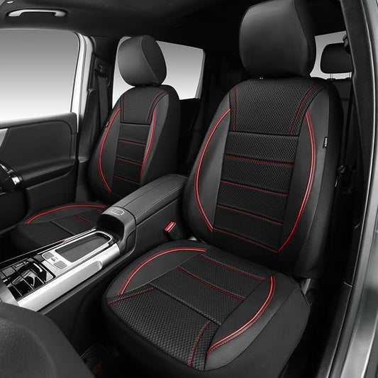 CAR PASS Air Mesh Leather Car Seat Covers Front Seats, Breathable Two Front Seat Covers for Cars, Comfortable Universal Fit for SUV Truck Sedan Automotive, Anti-Slip Airbag Compatible,Black and Red