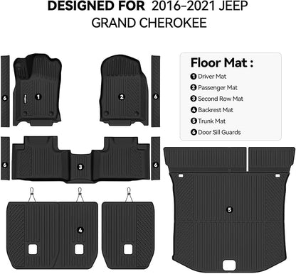 Floor Mats for 2016-2021 Jeep Grand Cherokee, Trunk Mat and Backrest Mat & Door Sill Guard All Weather TPE Protector for Jeep Grand Cherokee Accessories