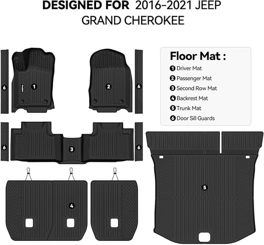 Floor Mats for 2016-2021 Jeep Grand Cherokee, Trunk Mat and Backrest Mat & Door Sill Guard All Weather TPE Protector for Jeep Grand Cherokee Accessories