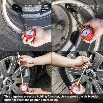 CZC AUTO Accurate Mechanical Tire Pressure Gauge, Straight on Foot Dual Head Truck Air Gage, Heavy Duty Dually Chucks 2" Large Dial Wheel Service Checker for Bus Car Motorcycle Bike, 0-160PSI 0-11bar