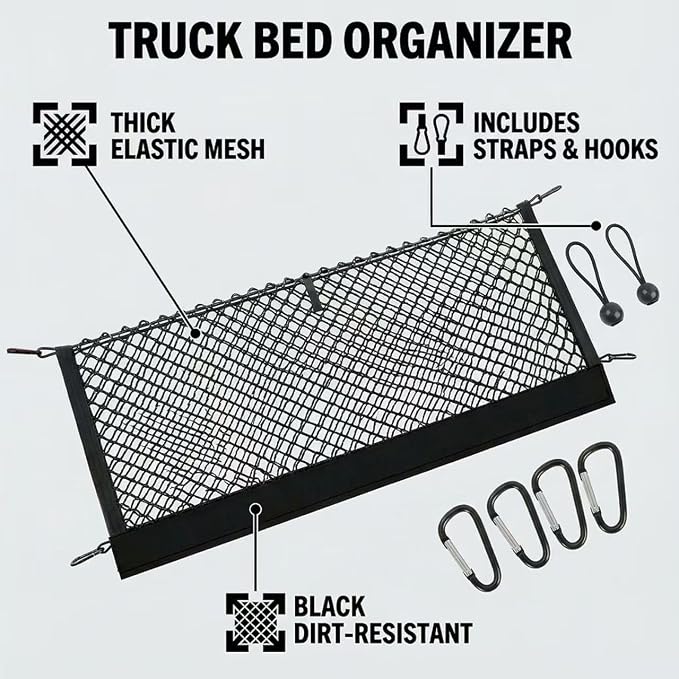 Envelope Style Truck Bed Cargo Net Compatible with Dodge Ram 1500 2019-2024 2025 2026,Highly Elastic Truck Cargo Net for Ram 1500 Accessories, Upgraded Storage Bag & Heavy Duty Carabiners