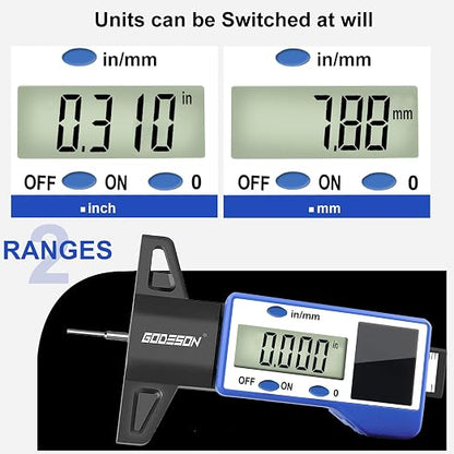GODESON Digital Tire Tread Depth Gauge – Solar & Battery Hybrid, Inch/MM Modes, 1"/25.4mm Range, Blue Accurate Tread Depth Gauge Tool for Cars, Trucks & Motorcycles Tire Wear Check