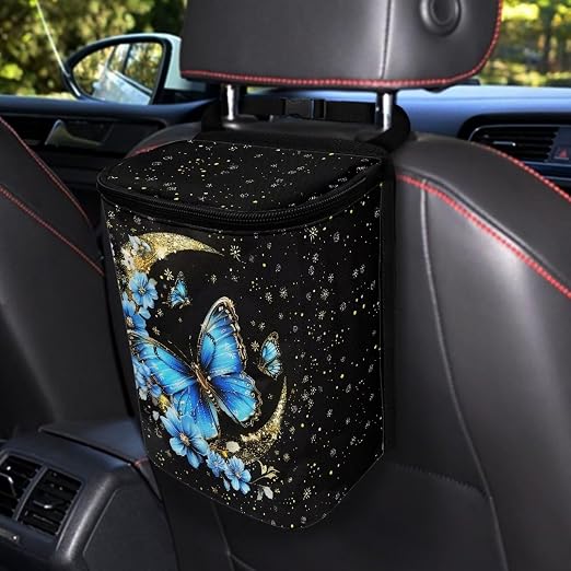 BIGCARJOB Butterfly Blue Car Trash Bags Hanging Automotive Car Garbage Bin with Adjustable Straps Reusable Auto Trash Bin Garbage Bags,Butterfly Car Accessories