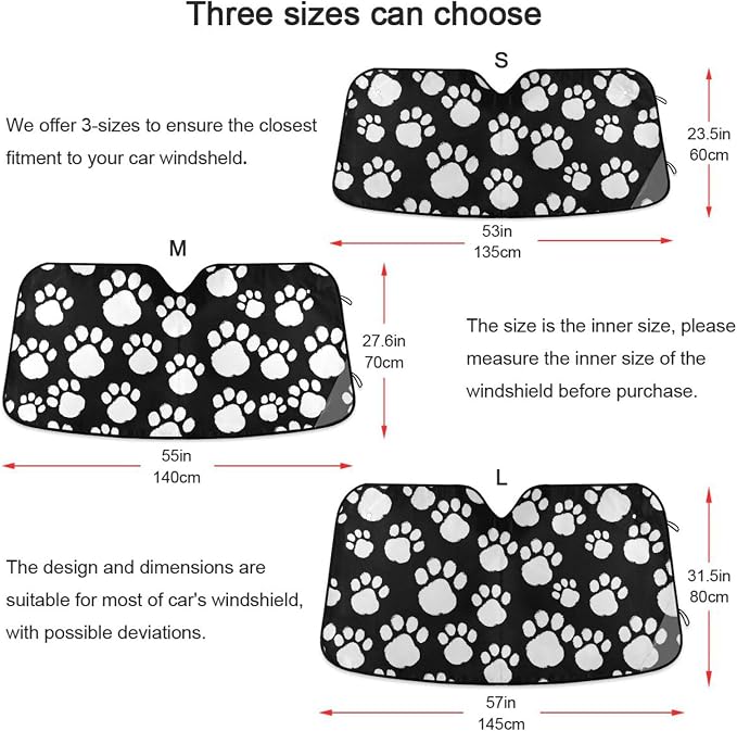 White Black Paws Print Windshield Sun Shade for Car Auto SUV Truck Foldable Front Window Sunshade Sun Visor Protector Block UV Rays Reflect Heat, 55" x 28"