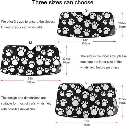 White Black Paws Print Windshield Sun Shade for Car Auto SUV Truck Foldable Front Window Sunshade Sun Visor Protector Block UV Rays Reflect Heat, 55" x 28"