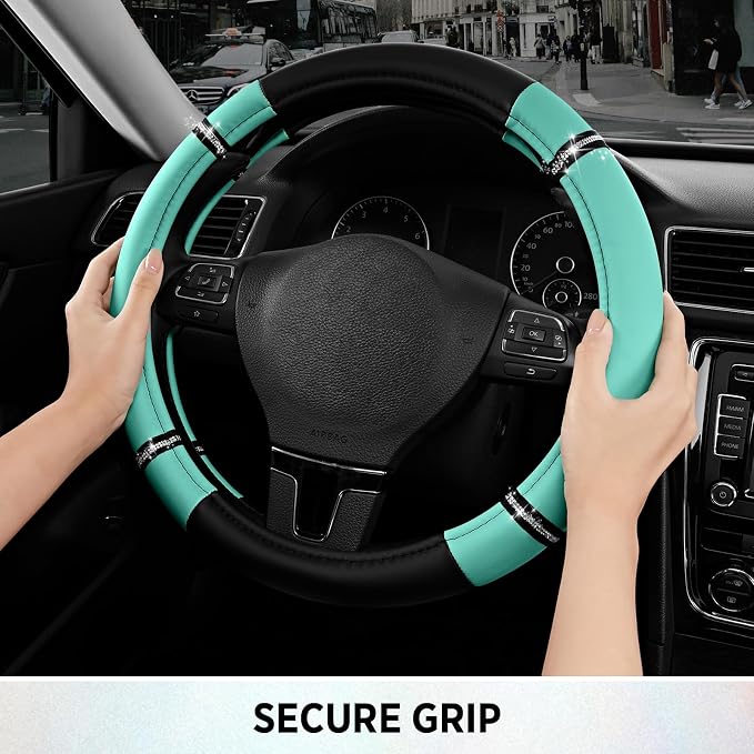 Road Comfort Leather Steering Wheel Cover – Premium Anti-Slip Car Steering Wheel Grip Cover – Universal Fit for 14.5”–15” Cars, Trucks & SUVs - Mint
