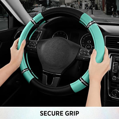Road Comfort Leather Steering Wheel Cover – Premium Anti-Slip Car Steering Wheel Grip Cover – Universal Fit for 14.5”–15” Cars, Trucks & SUVs - Mint