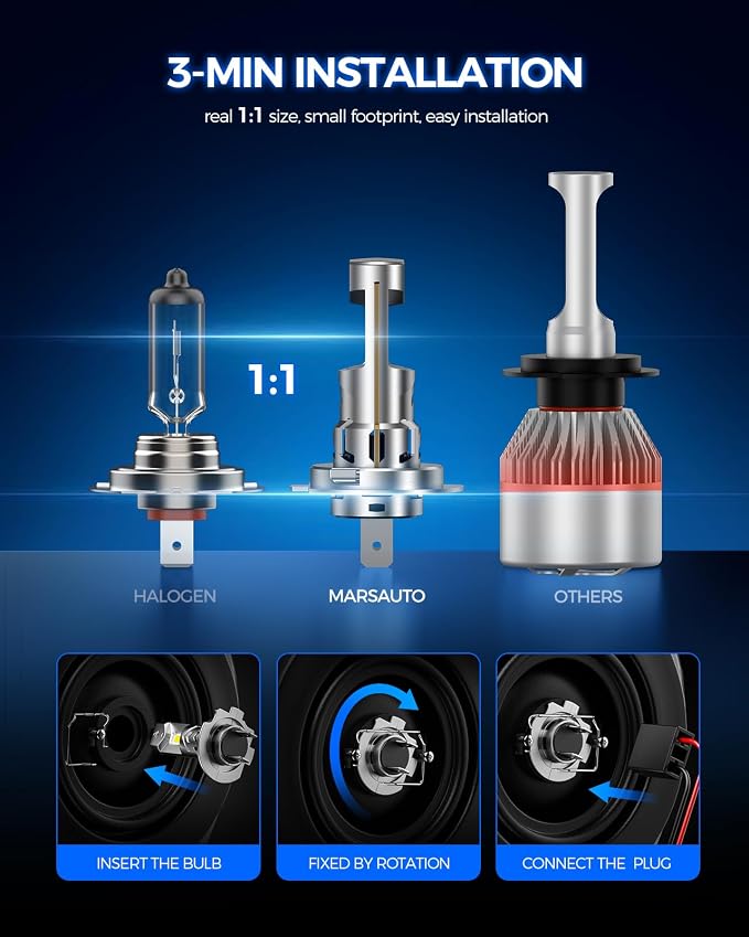Marsauto H7 Light Bulbs, 70,000LM Brightness, 1:1 Mini Size, 6500K Cool White, 3 Min Plug and Play, IP68 Waterproof, Pack of 2